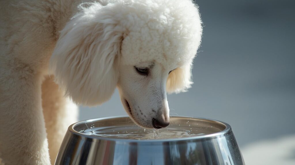 A white poodle drinks from a metallic bowl of water.