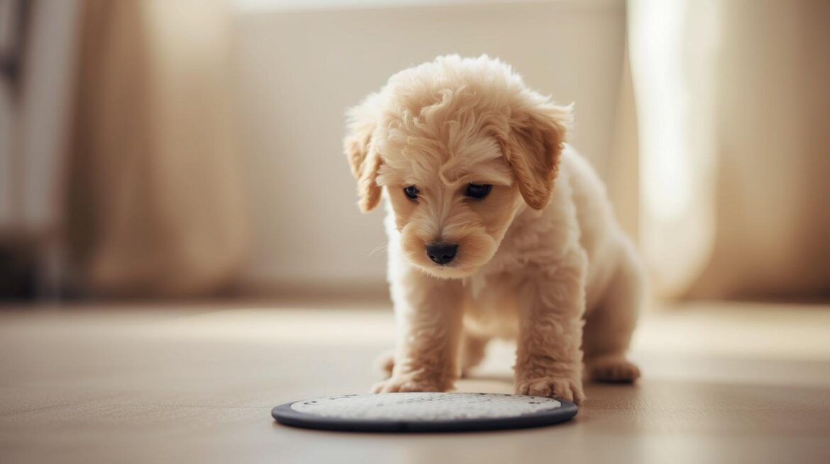 A fluffy light-colored poodle puppy looks down at a white rug on a wooden floor.