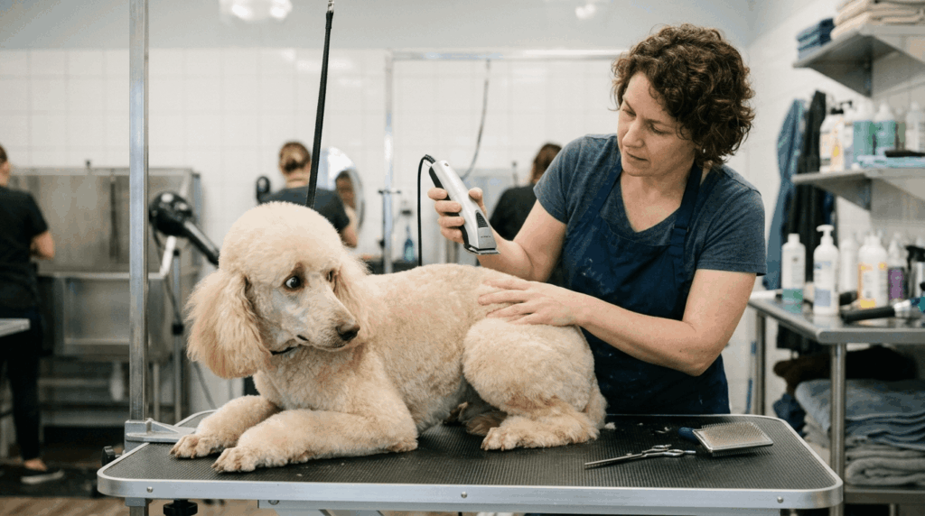 Anxious poodle showing fear or stress during grooming session