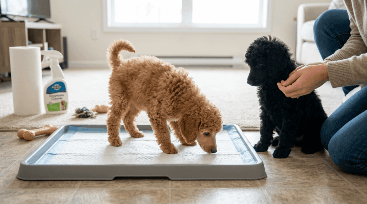 Poodle puppies during potty training with owner guidance