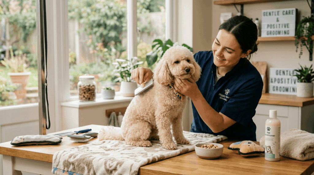 Reducing grooming stress in poodles through calm environment and gentle handling techniques