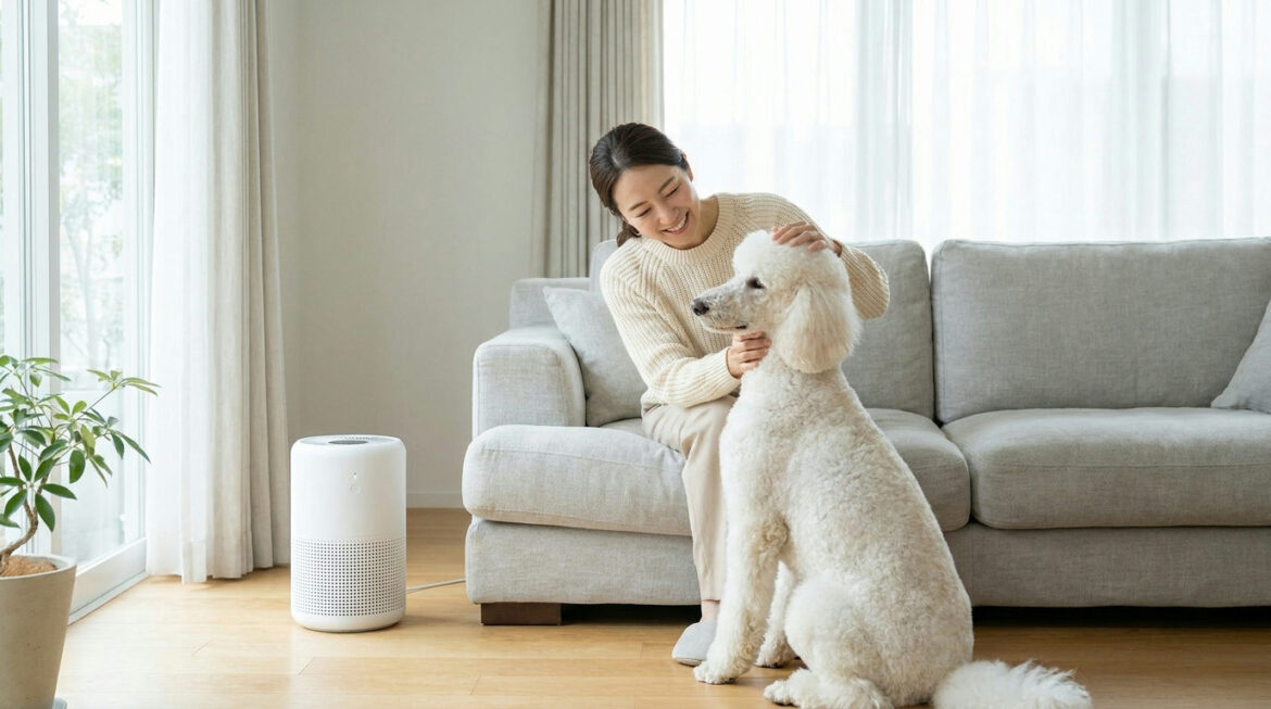 Are poodles hypoallergenic — a white Standard Poodle with a freshly groomed curly coat sitting calmly beside its owner on a s