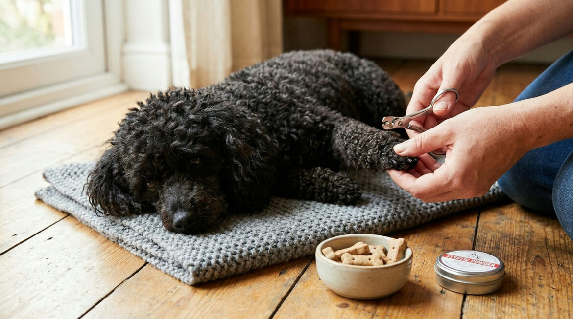 How to trim poodle nails — owner gently holding a black Miniature Poodle's paw with pet nail clippers and treats nearby