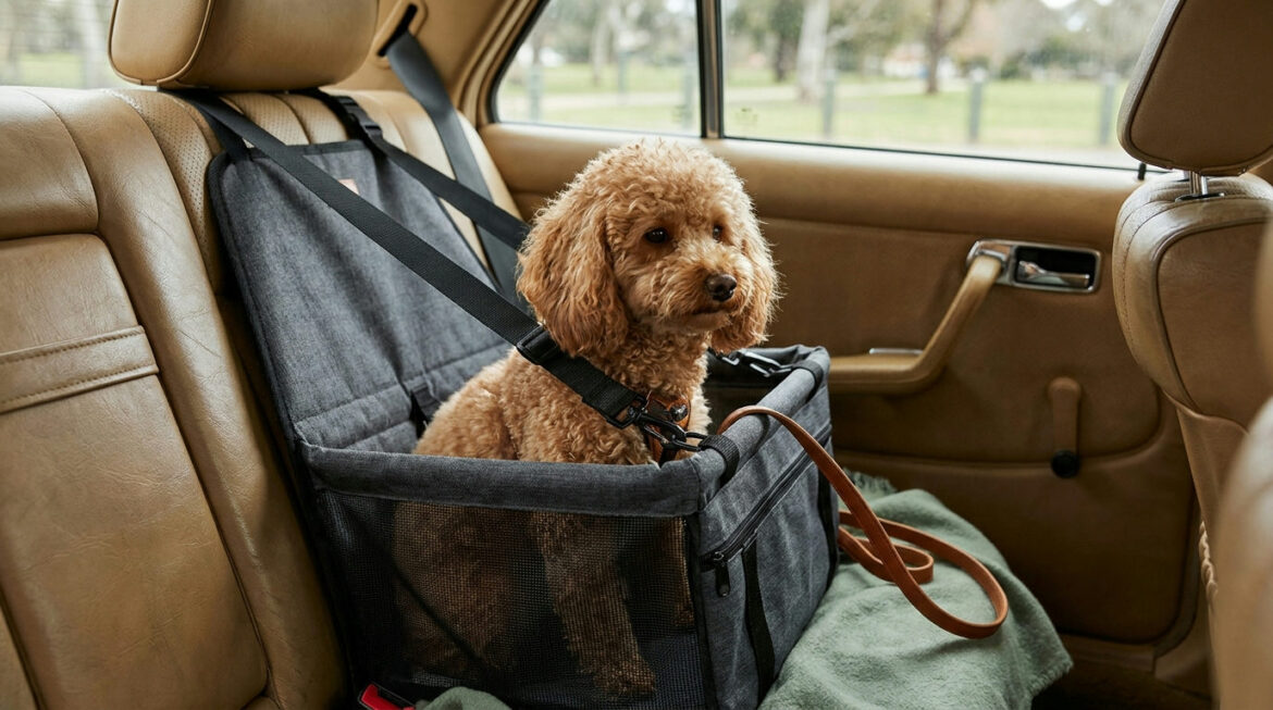 poodle car travel setup with secure carrier