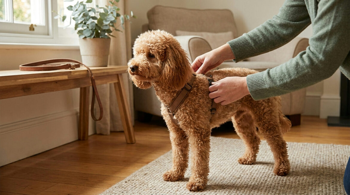 poodle harness fit check on a calm miniature poodle