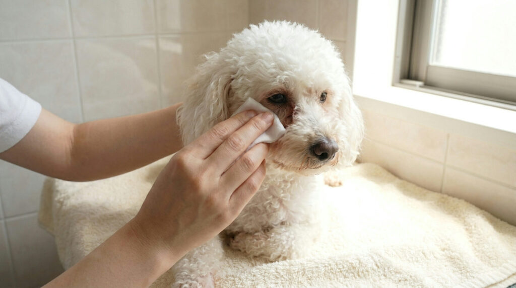 Poodle tear stains — owner gently wiping below the eye of a white Toy Poodle with a soft damp cotton pad